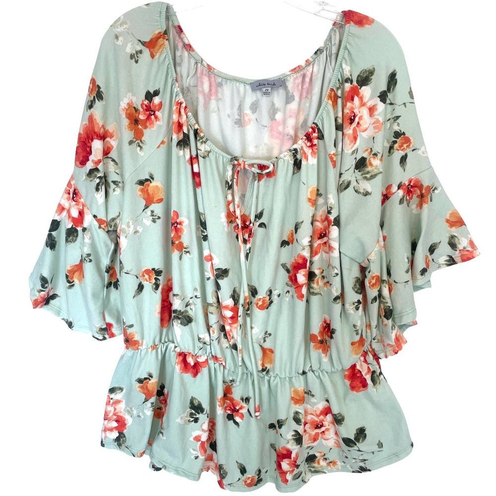 White Burch Floral Babydoll Off Shoulder Top Womens 2X Mint Green Bell Sleeves